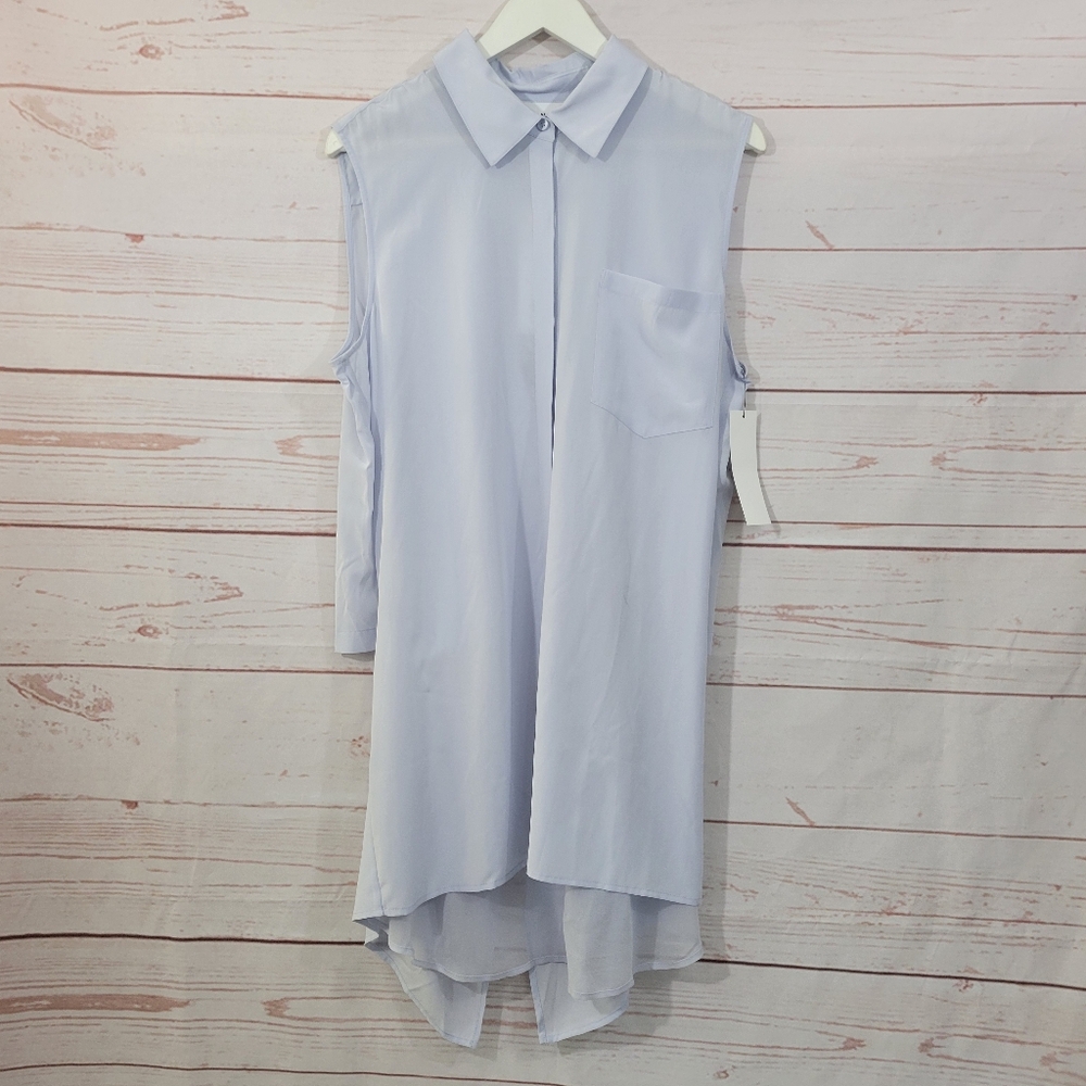 DKNY Layered Sleeveless Stretch Silk Shirt Oxford Size L NWT